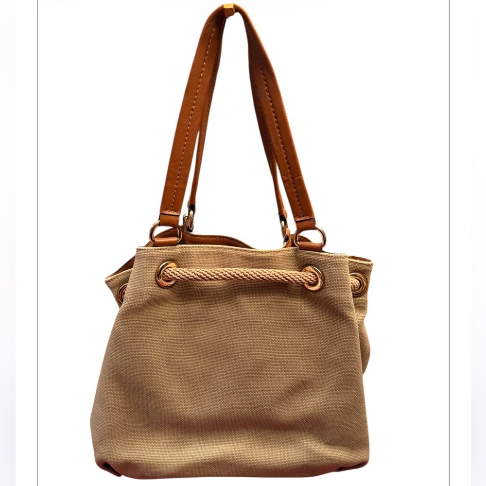 MICHAEL KORS Marina Metallic Gold Canvas w. Leather Trims Tassels Shoulder Bag - Picture 2 of 9
